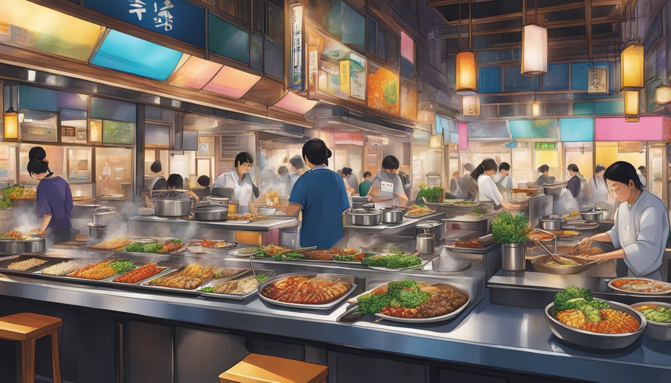 A bustling shibuya restaurant filled with vibrant colors, bustling energy, and a variety of tantalizing aromas wafting from sizzling grills and steaming pots