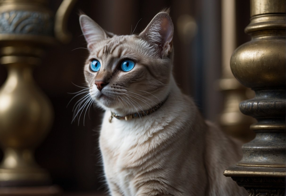 A Lynx Point Siamese cat sits on a regal pedestal, surrounded by ancient artifacts and scrolls. Its piercing blue eyes hint at a rich and storied history
