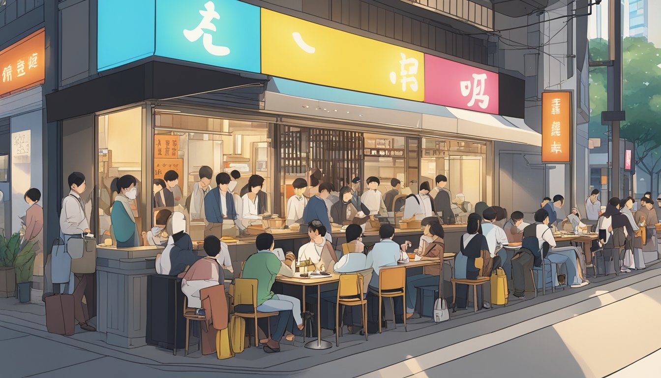 A bustling Shibuya restaurant with a colorful sign, outdoor seating, and a line of customers eagerly waiting to be seated