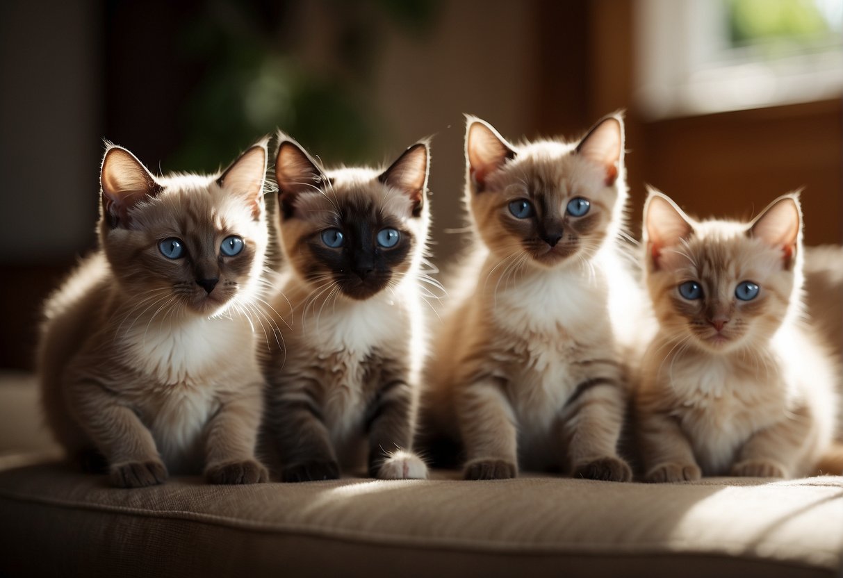 A Siamese cat nurses four playful kittens in a cozy, sunlit corner of a living room