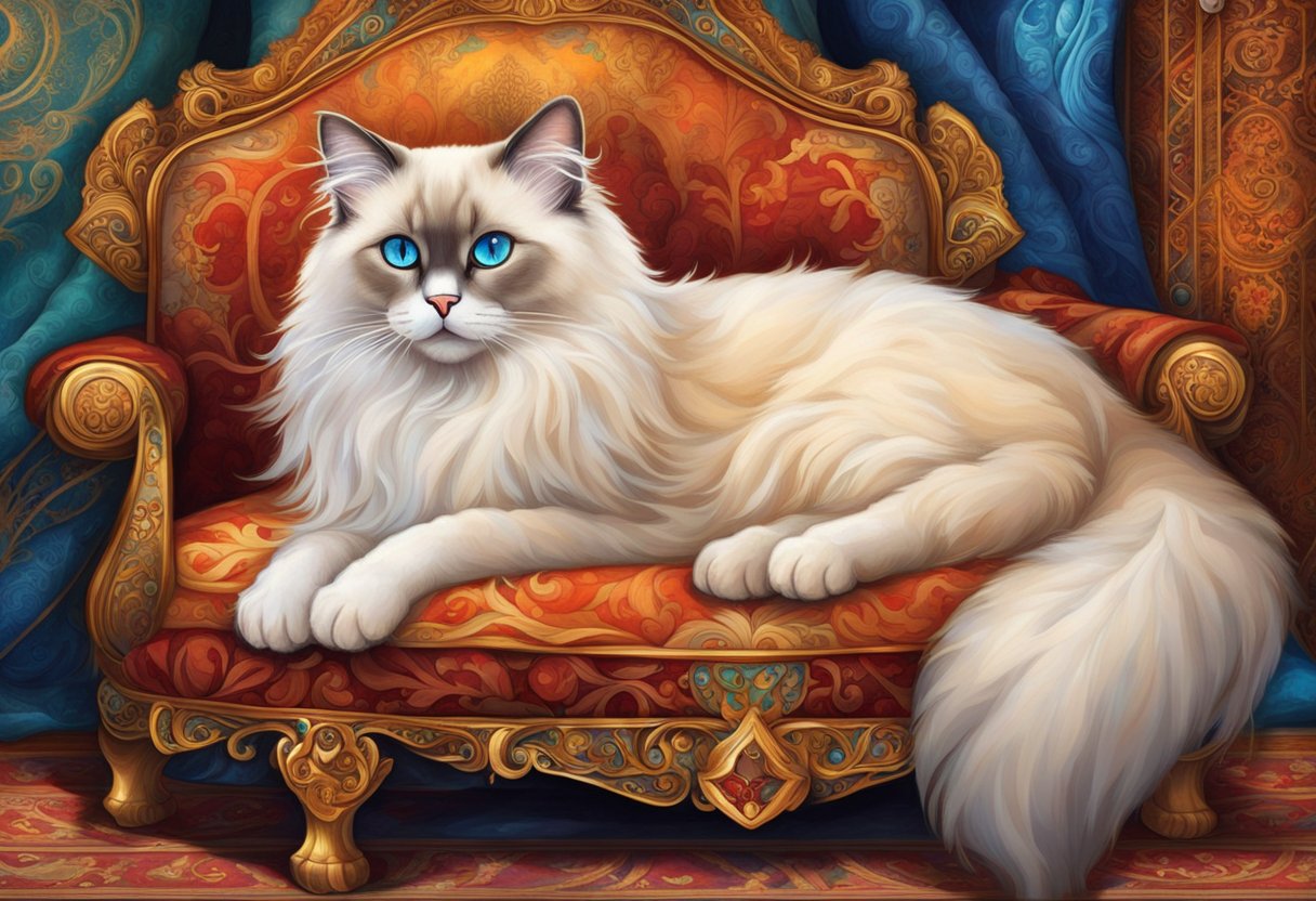 A Himalayan Siamese Ragdoll cat lounges on a plush cushion, surrounded by intricate tapestries and ornate furniture, reflecting its regal origins and ancestry