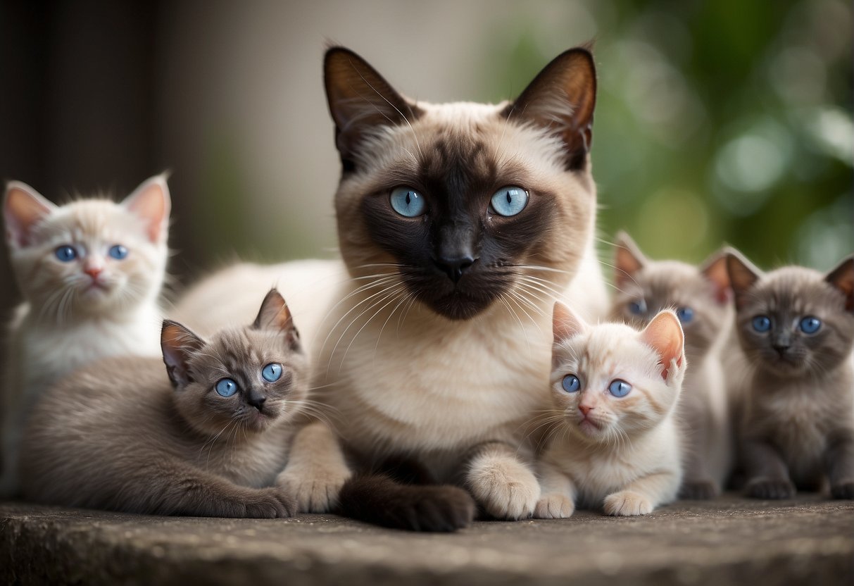 A Siamese cat mother with her litter of kittens, showcasing the breed's origins and history. The kittens are playful and curious, highlighting the breed's energetic nature