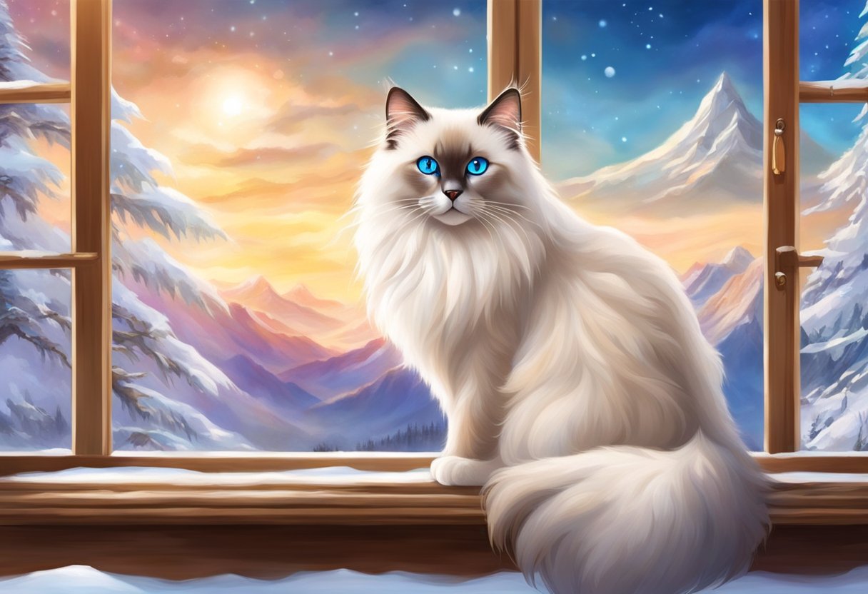 A Himalayan Siamese Ragdoll cat with blue eyes, long fur, and color points, sitting gracefully on a windowsill overlooking snow-capped mountains