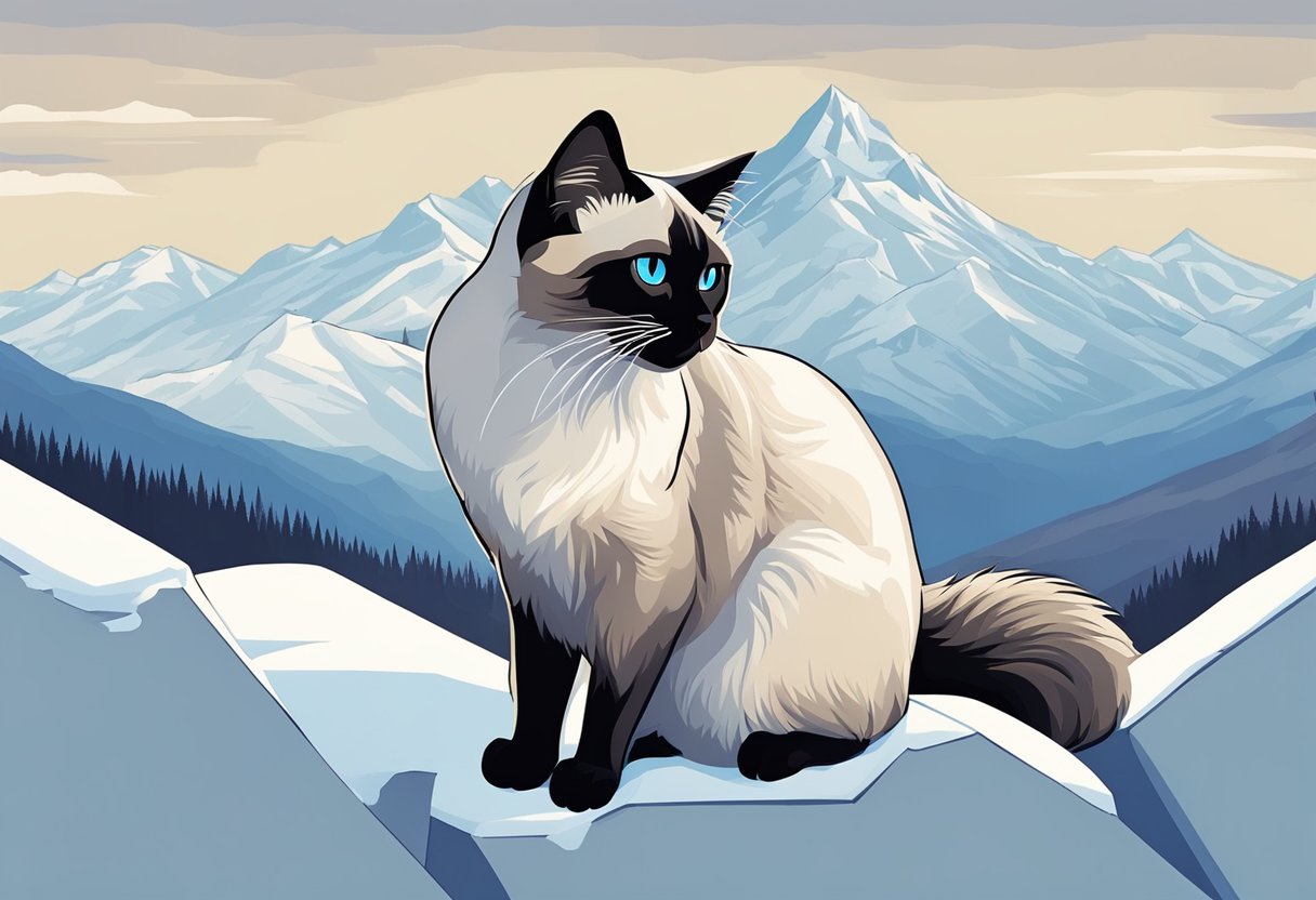 A Himalayan Siamese cat perches on a snow-covered ledge, gazing out at the majestic mountain peaks in the distance