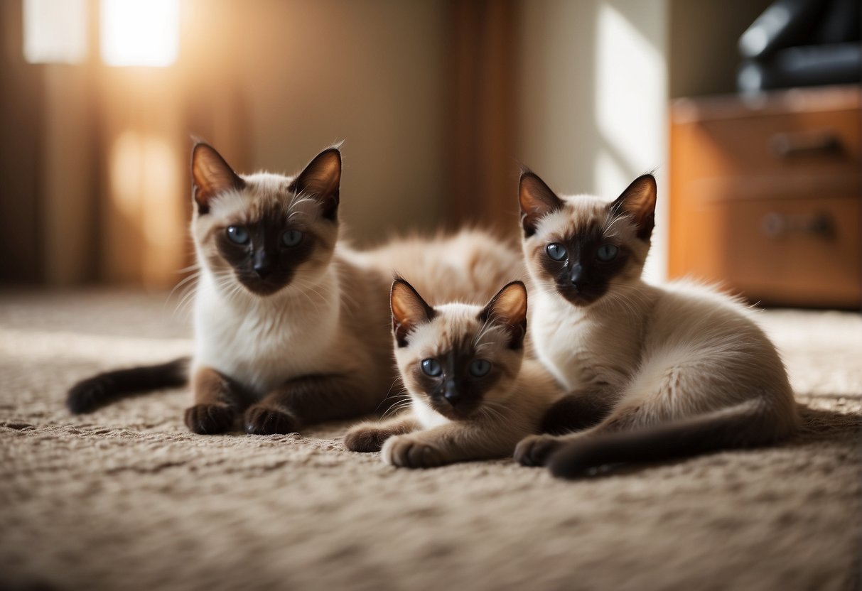 A Siamese cat mother nurses four kittens with distinct point coloration in a cozy, sunlit corner of a room