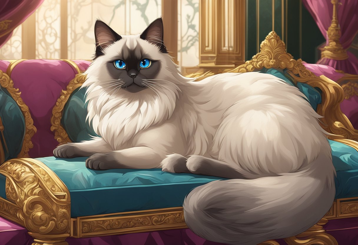 A regal Himalayan Siamese cat sits on a velvet cushion, surrounded by luxurious decor and elegant accessories, showcasing its royal and prestigious status