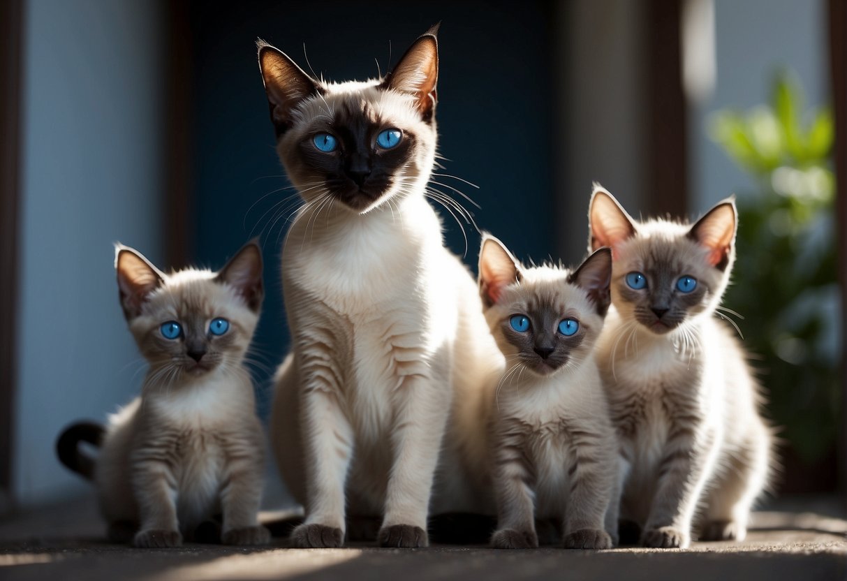A Siamese cat with striking blue eyes and a slender, muscular body stands proudly with her litter of four adorable kittens