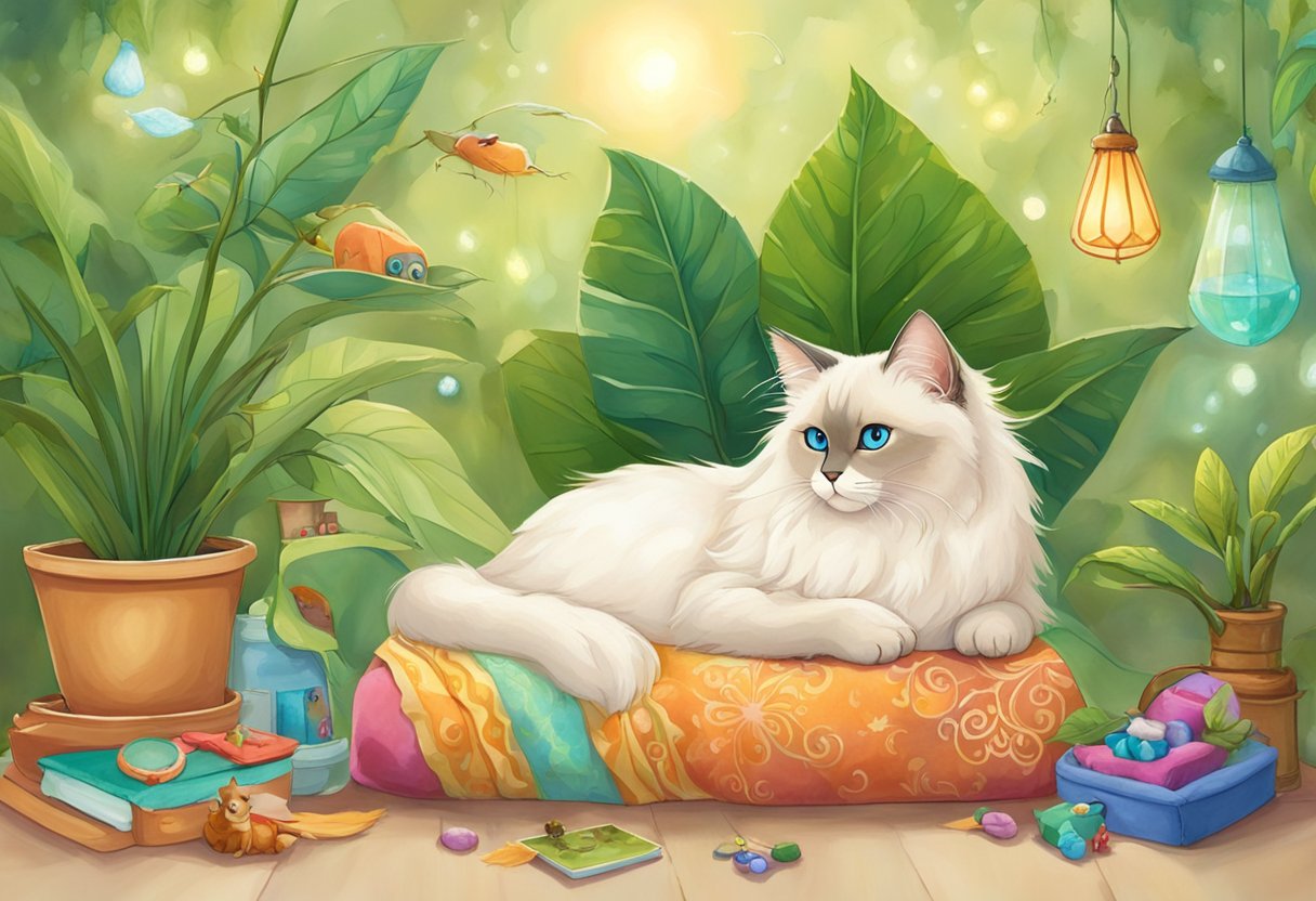 A Himalayan Siamese Ragdoll cat lounges on a plush bed, surrounded by toys and grooming supplies. The room is filled with natural light and green plants, creating a peaceful and serene atmosphere