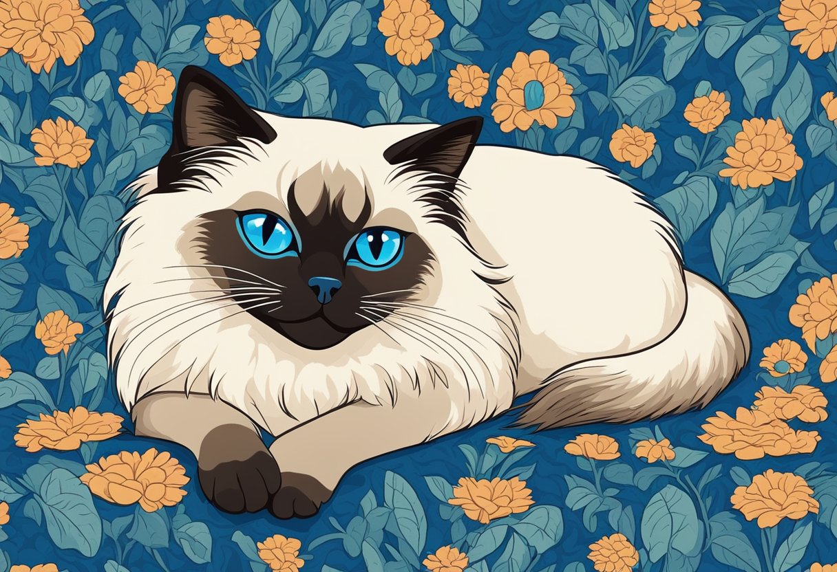 A Himalayan Siamese cat with striking blue eyes, long fluffy fur, and a distinctive color point pattern, gracefully lounging on a plush velvet cushion