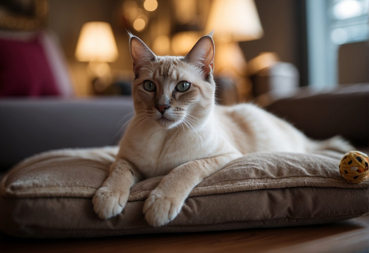 A Lynx Point Siamese cat lounges on a plush cushion, surrounded by toys and grooming tools. A veterinarian's office sign hangs on the wall