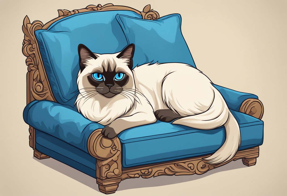 A Himalayan Siamese cat lounges regally on a plush cushion, its piercing blue eyes gazing confidently into the distance. Its long, elegant fur cascades around its body, exuding an air of sophistication and grace
