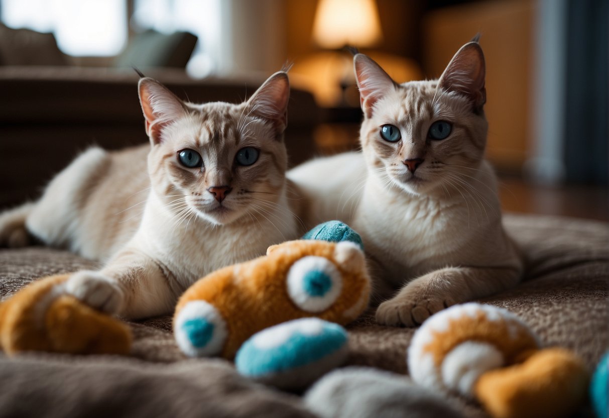 Two Lynx Point Siamese cats playing in a cozy living room, surrounded by toys and blankets. A sign nearby reads "Breeding and Adoption: Lynx Point Siamese Cats."