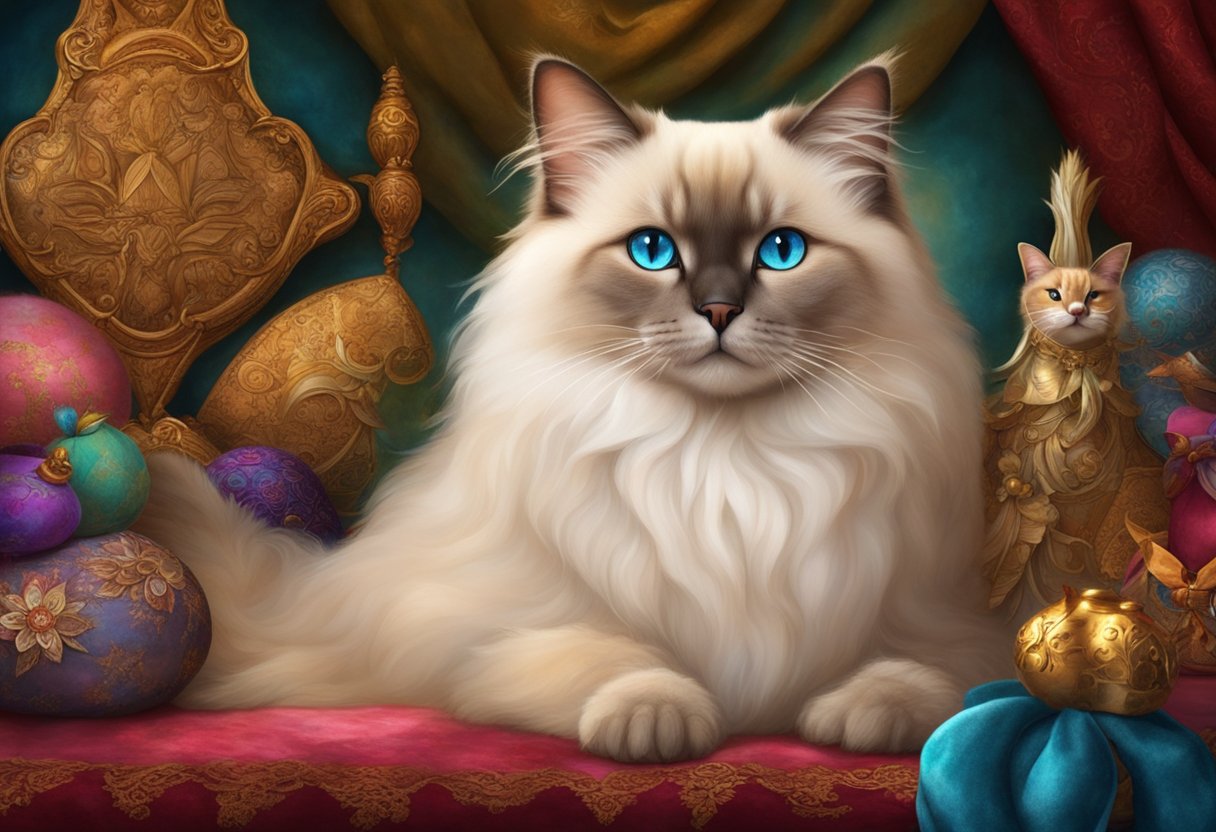 A Himalayan Siamese Ragdoll cat sits on a plush velvet cushion, surrounded by luxurious toys and a custom-made bed, with a regal expression on its face