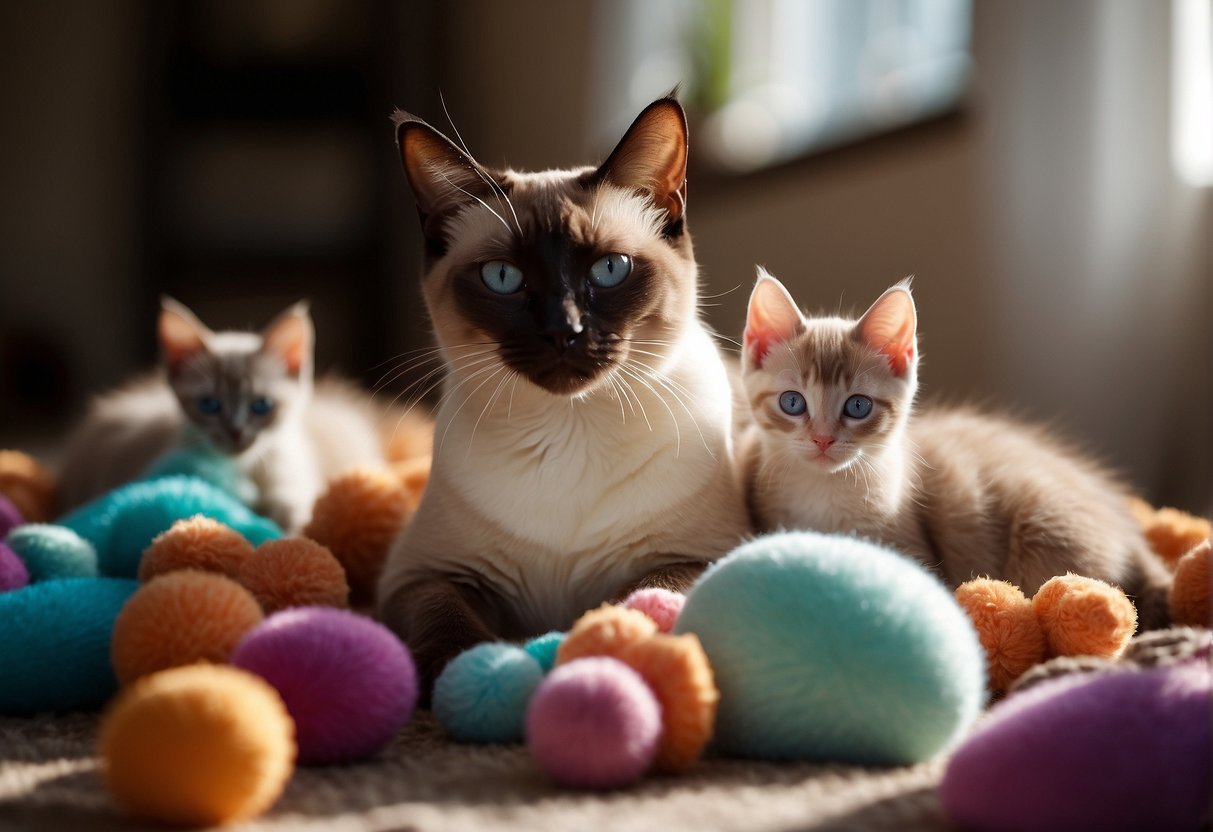 A Siamese cat mother with her litter of kittens, playing and grooming each other in a cozy, sunlit room with colorful toys scattered around