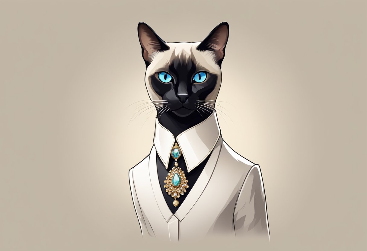A sleek, elegant Siamese cat struts confidently down a runway, adorned with fashionable accessories and a stylish collar