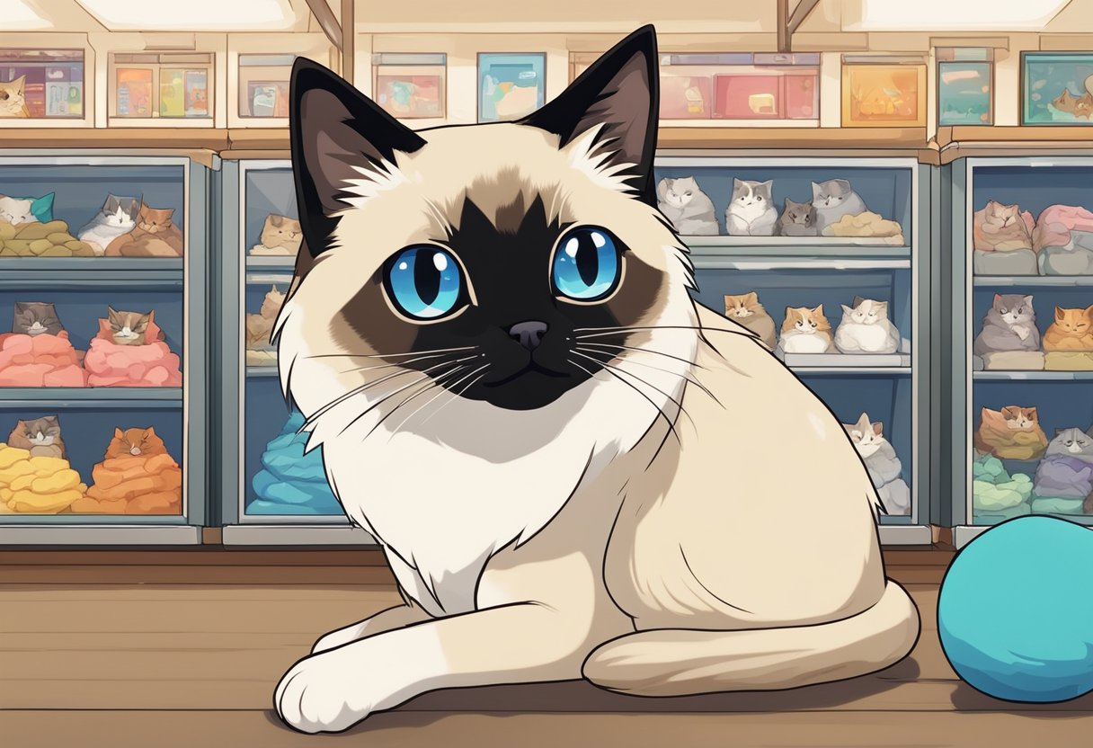 A Himalayan Siamese cat sits in a cozy pet store display, with adoption and purchase options and prices clearly labeled