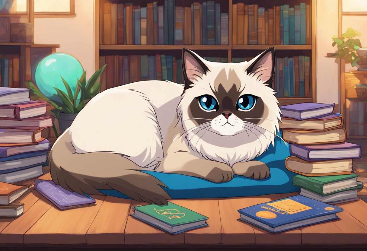A Himalayan Siamese cat lounges on a plush cushion, surrounded by trivia books and fun facts. The price tag is visible