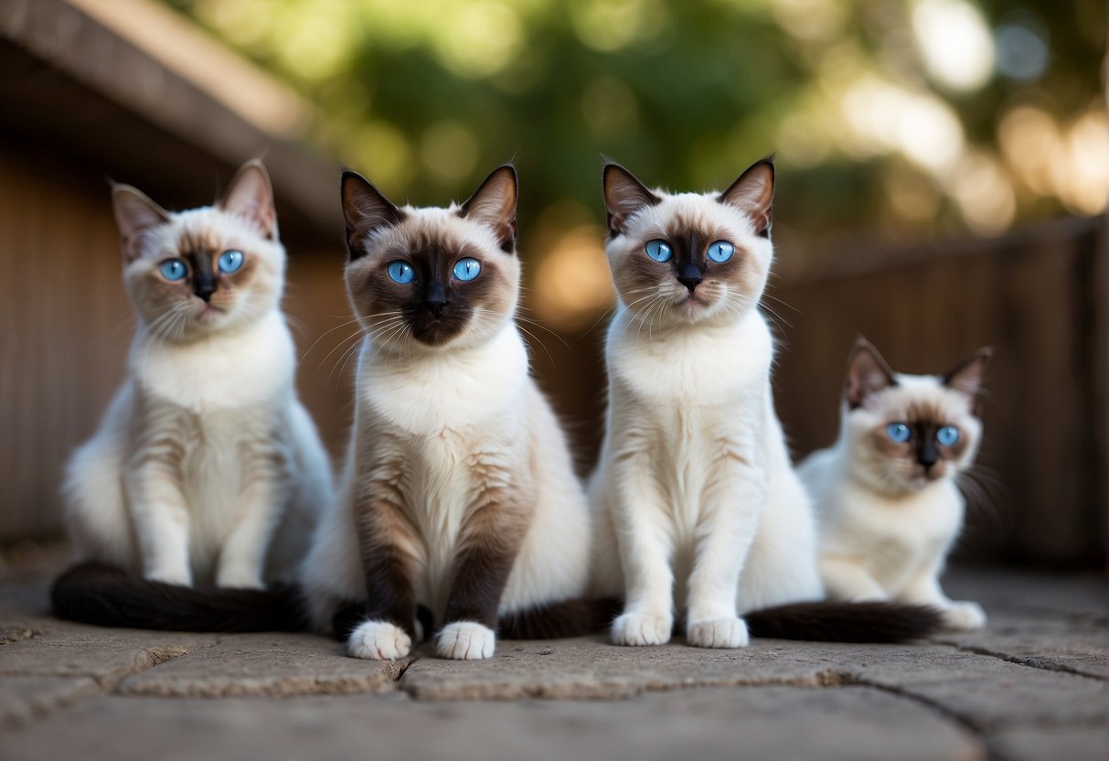 A Siamese cat with blue almond-shaped eyes sits beside a litter of four kittens, each displaying different coat color variations