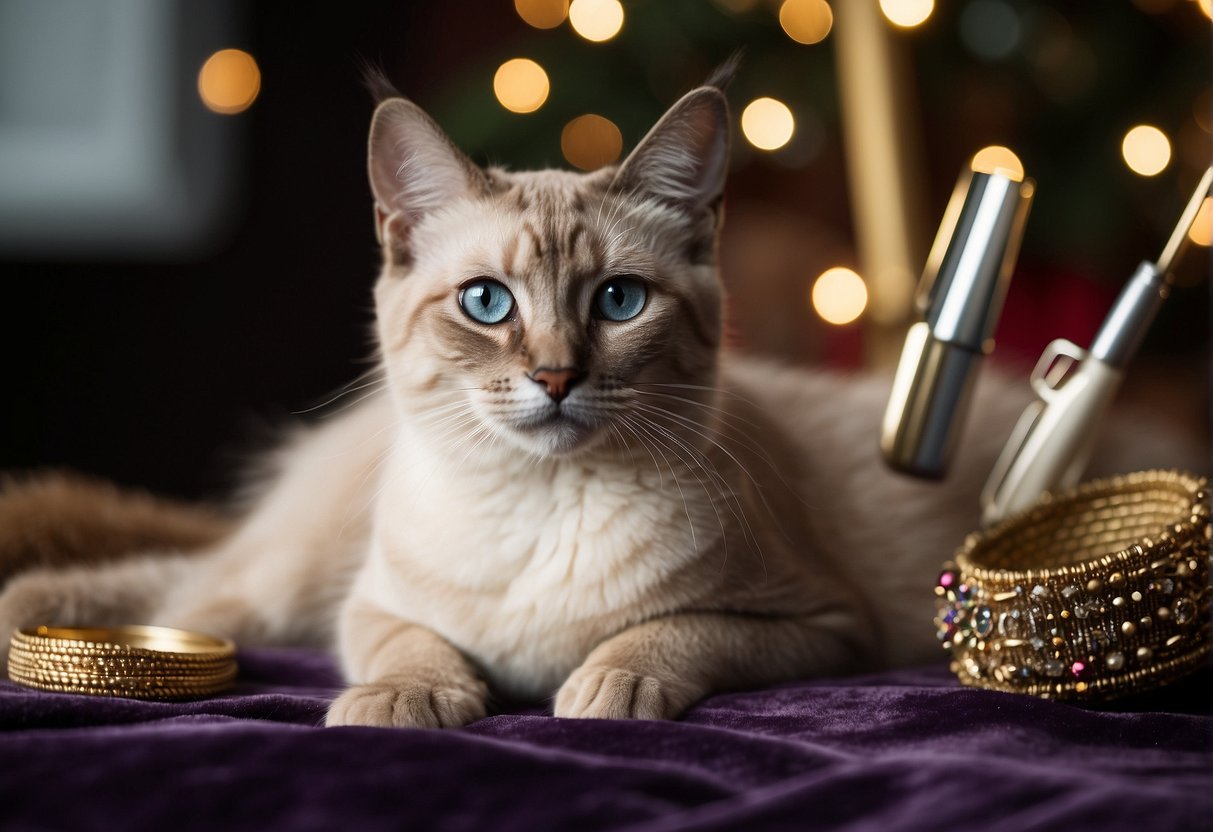 A Lynx Point Siamese cat sits on a velvet cushion, surrounded by luxurious toys and grooming tools. A price tag hangs from a golden collar