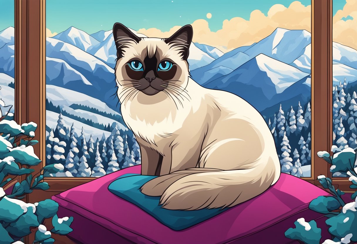 A Himalayan Siamese cat sitting on a velvet cushion, gazing out a window at the snowy mountain peaks