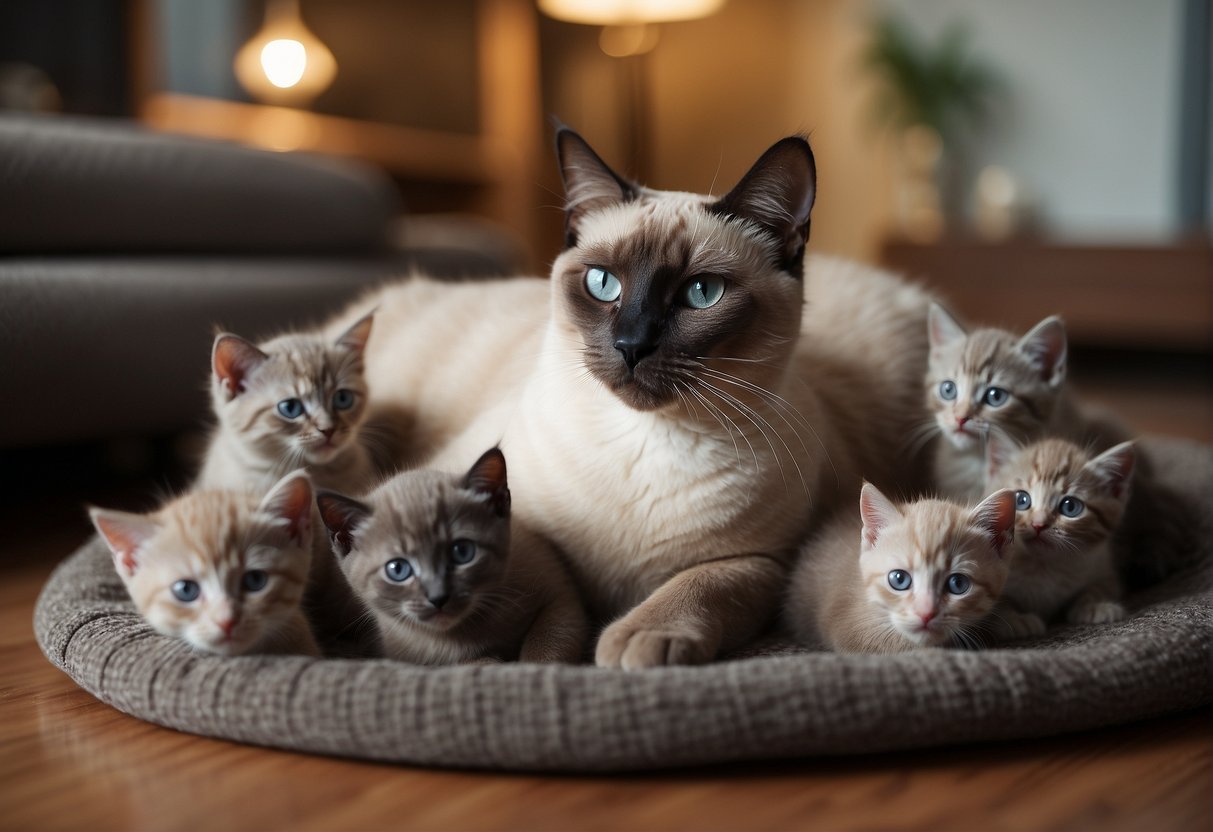 A Siamese cat lounges in a cozy room surrounded by her playful litter of four adorable kittens. The mother cat watches over them with a content and protective demeanor