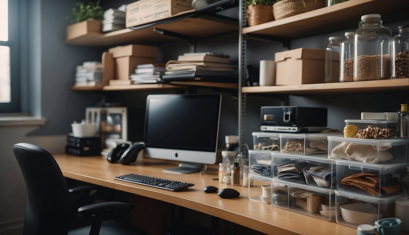 A cluttered space transforms into an organized one through a step-by-step decluttering process. Items are sorted, categorized, and stored in labeled containers