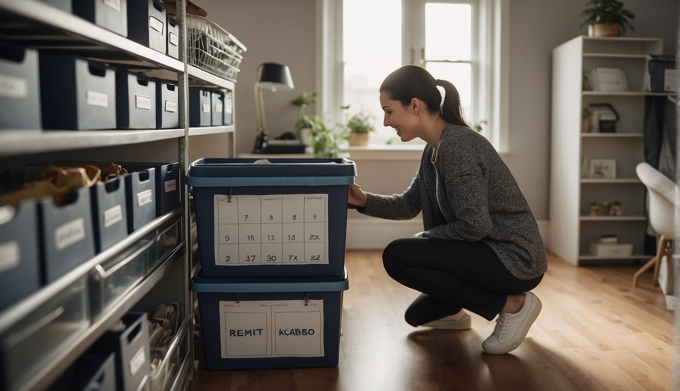 A tidy room with labeled storage bins, a calendar with decluttering tasks, and a person using a checklist to organize items