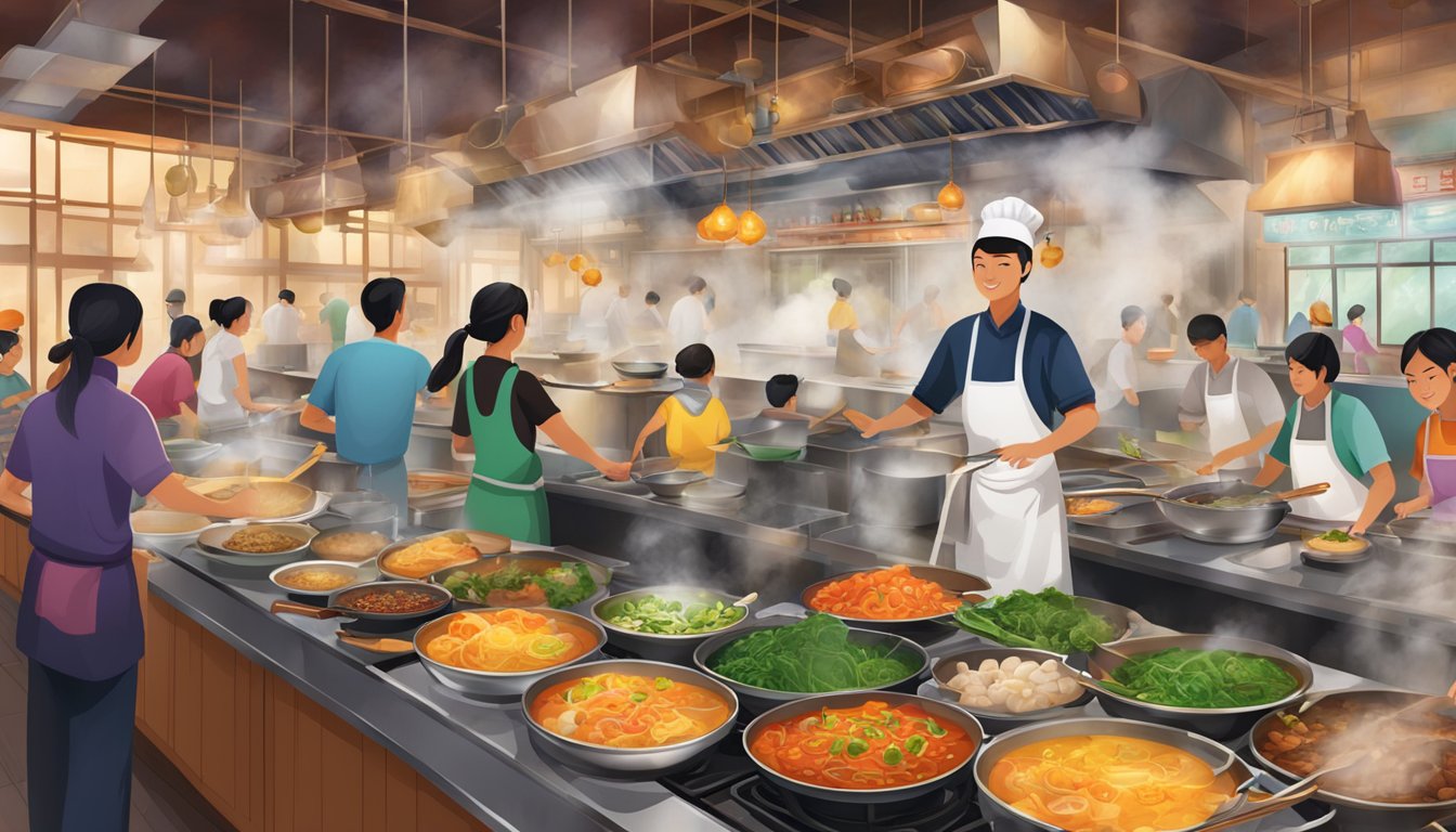 A bustling tang restaurant with steaming pots, sizzling woks, and colorful ingredients lining the counters. Customers eagerly await their fragrant dishes at crowded tables