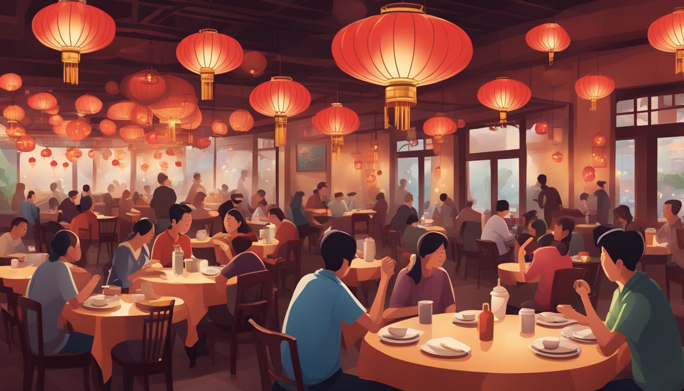 A bustling restaurant with red lanterns, round tables, and steaming dishes. Patrons chat and laugh amidst the aroma of sizzling woks