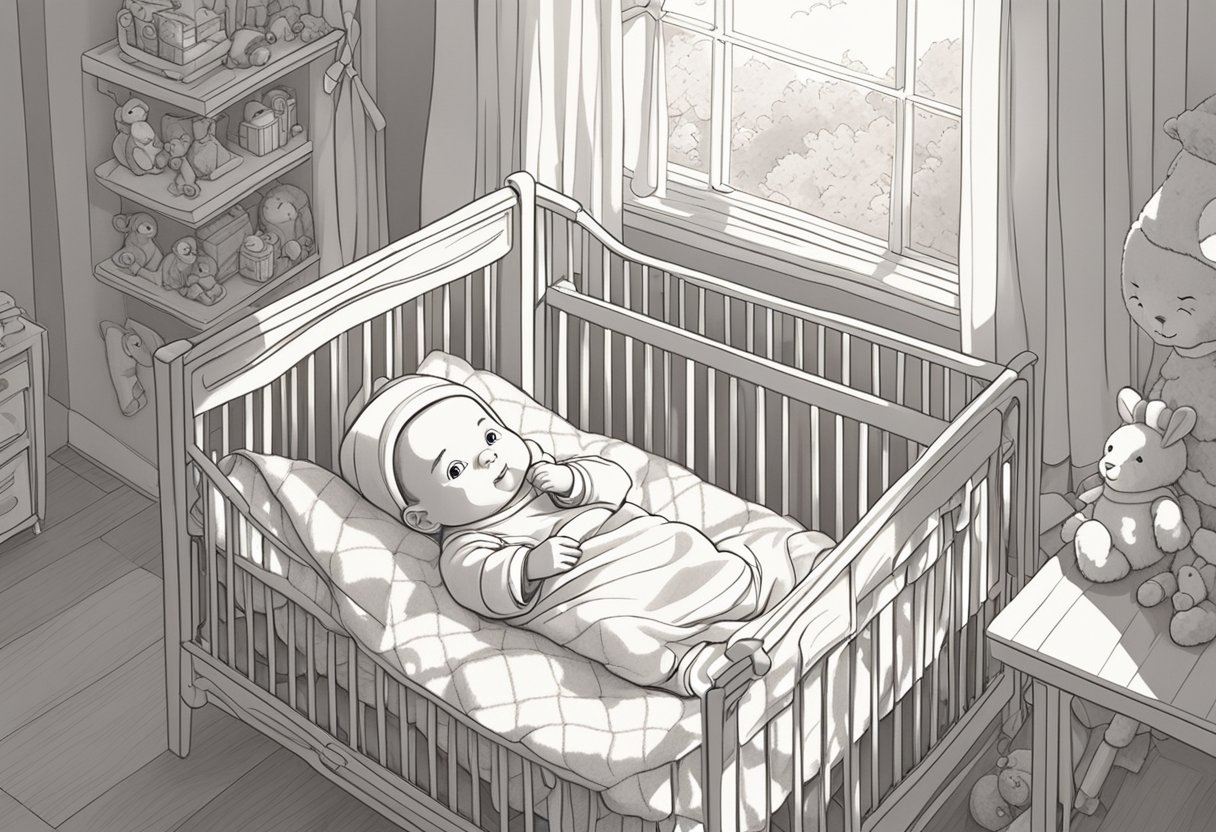 A baby named Anna lying in a cozy crib, surrounded by toys and a soft blanket. Sunshine streams in through the window, casting a warm glow over the room