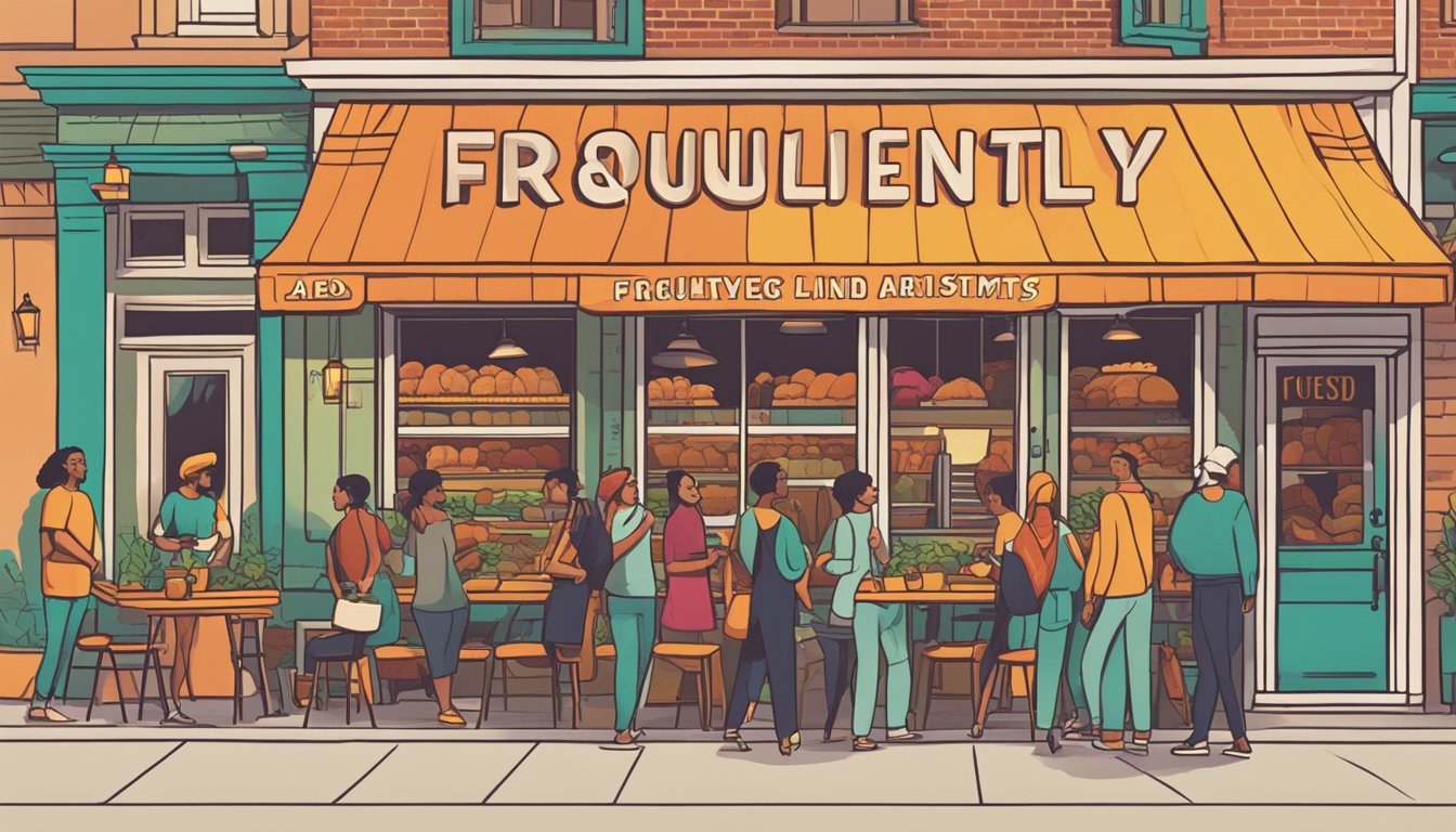 Customers lining up outside a vibrant restaurant with a large sign reading "Frequently Asked Questions" in bold lettering. Aromas of sizzling meats and spices fill the air
