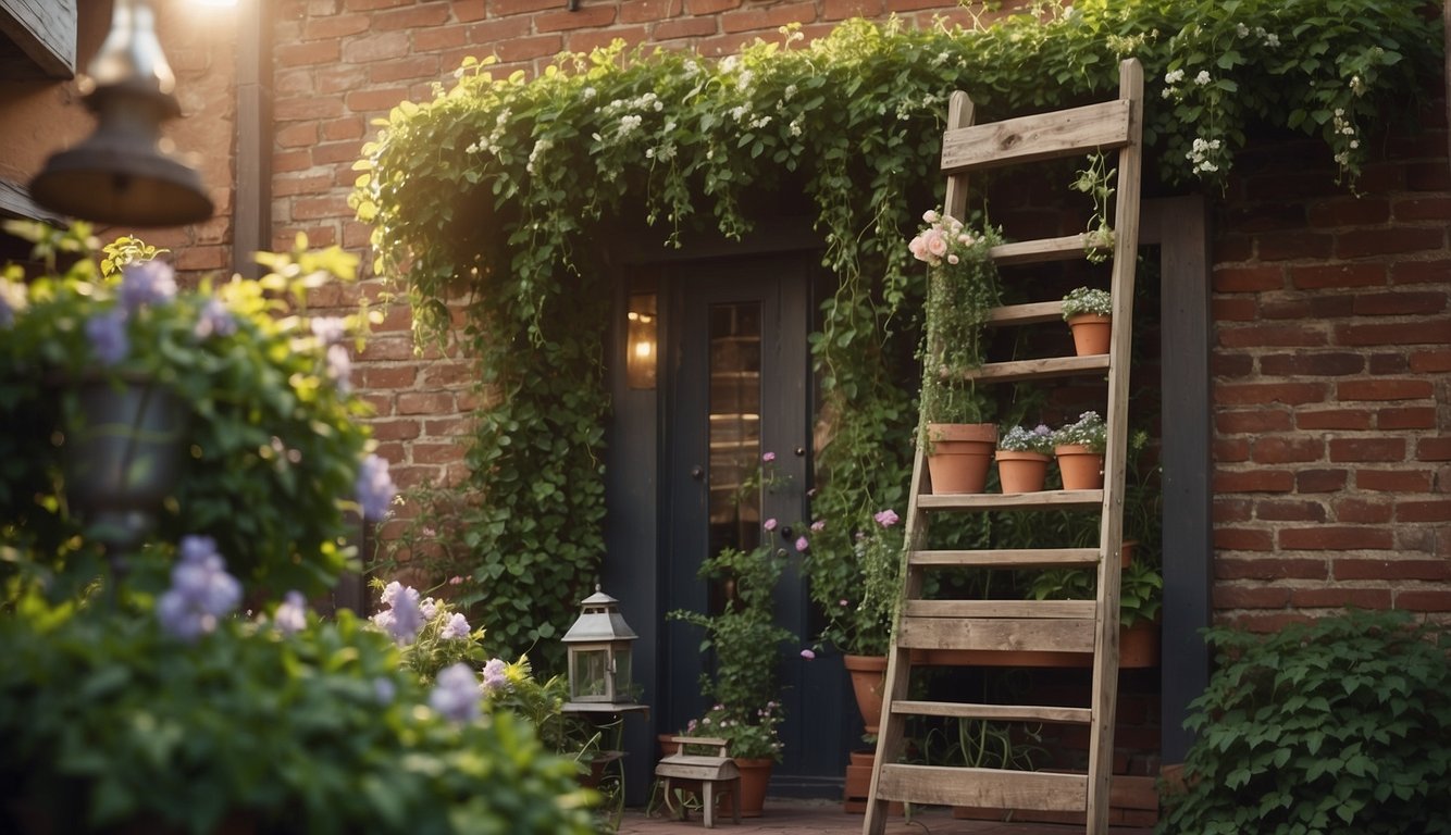 An old wooden ladder leans against a brick wall, adorned with potted plants and hanging lanterns. A birdhouse is perched on the top step, surrounded by ivy and flowers
