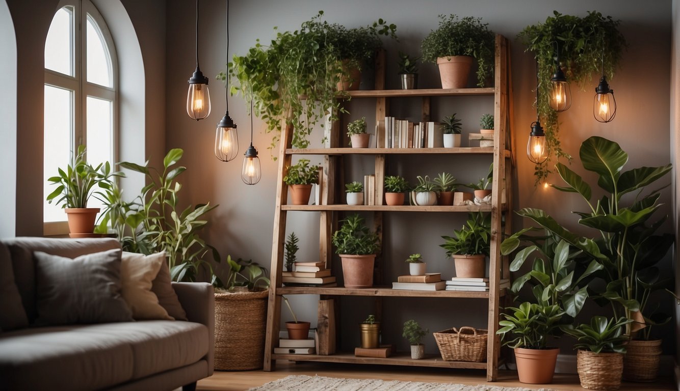 An old ladder transformed into a bookshelf, adorned with potted plants and hanging lanterns, adding charm to a cozy living room corner