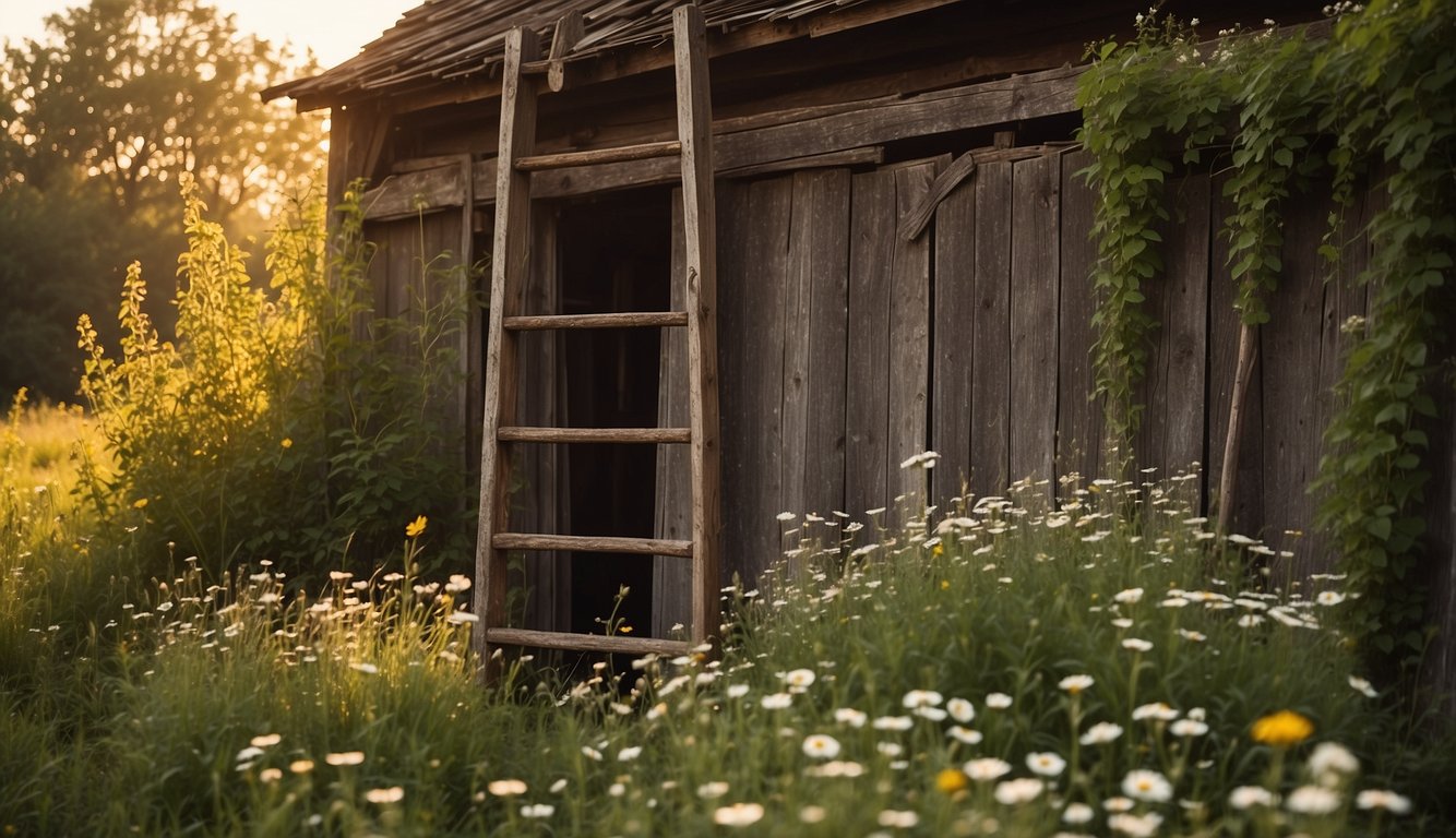 An old, weathered ladder leans against a rustic barn, surrounded by overgrown vines and wildflowers. The sun casts a warm glow on the aged wood, creating a sense of nostalgia and potential for repurposing