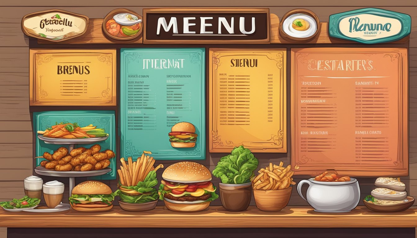 A colorful menu board displays the restaurant's name and specialities, drawing attention with vibrant illustrations and enticing descriptions