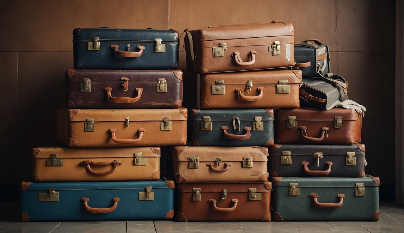 Old suitcases stacked in a corner, some open with clothes spilling out, others closed with travel stickers. Dusty and worn, waiting for a new purpose