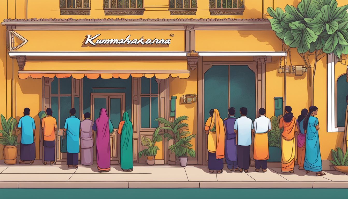 Customers lined up outside Kumbhakarna restaurant, eagerly waiting to enter. The vibrant sign and inviting aroma create a lively atmosphere