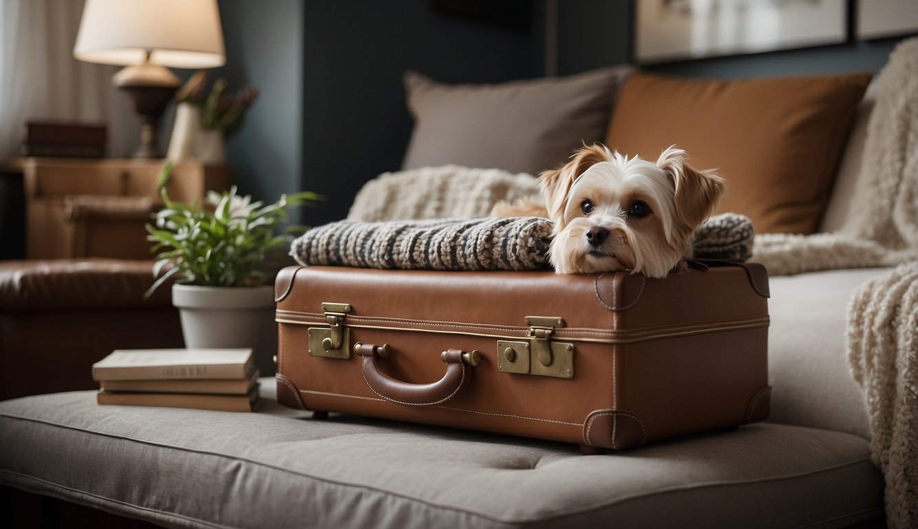 An old suitcase transformed into a cozy pet bed, adorned with soft pillows and a plush blanket. Nearby, another suitcase has been repurposed as a stylish side table, with a potted plant and a stack of books on top