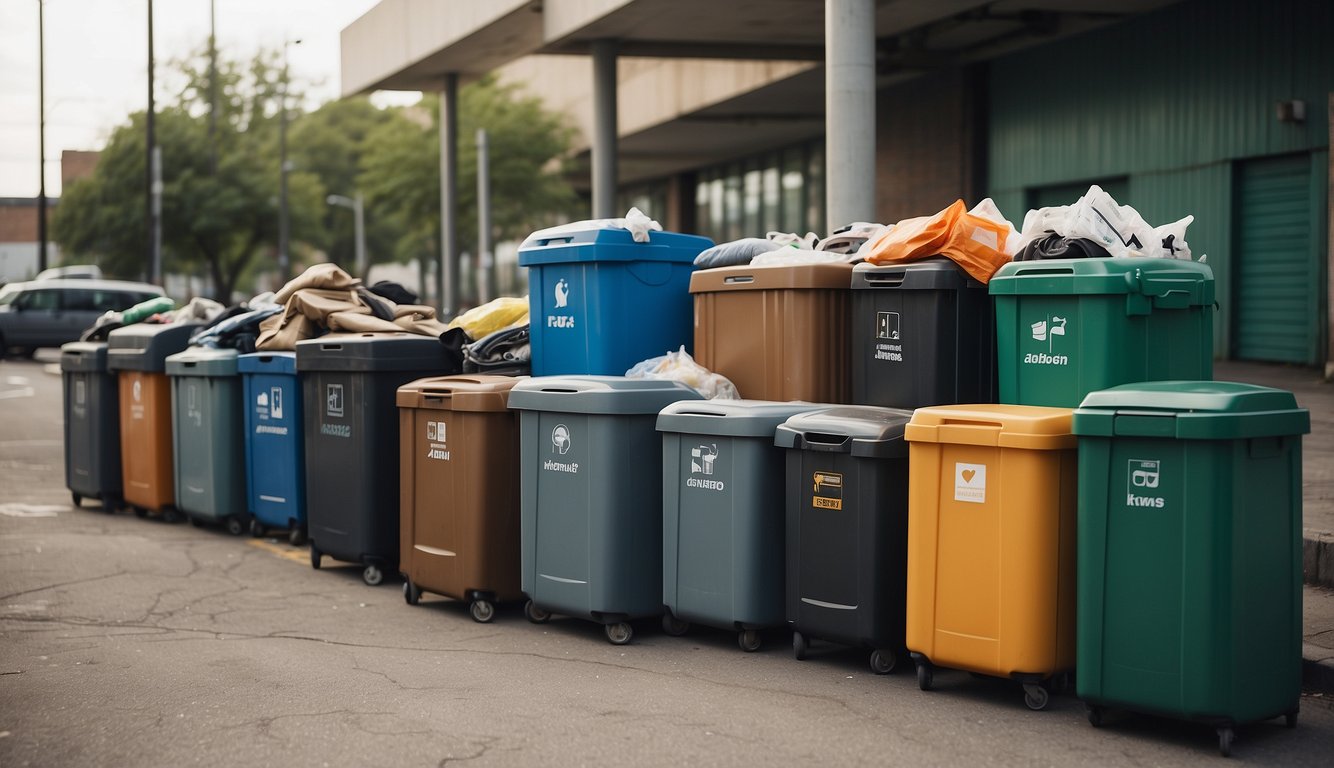 A pile of old suitcases next to a donation bin and recycling center, with arrows pointing to each option