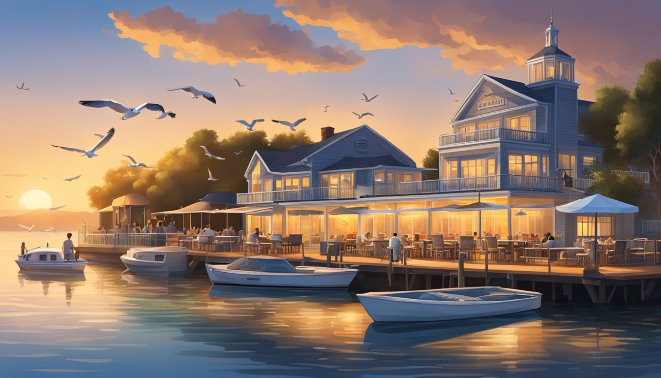 The bay restaurant overlooks the water, with boats docked nearby and seagulls flying overhead. The sun sets in the distance, casting a warm glow over the scene