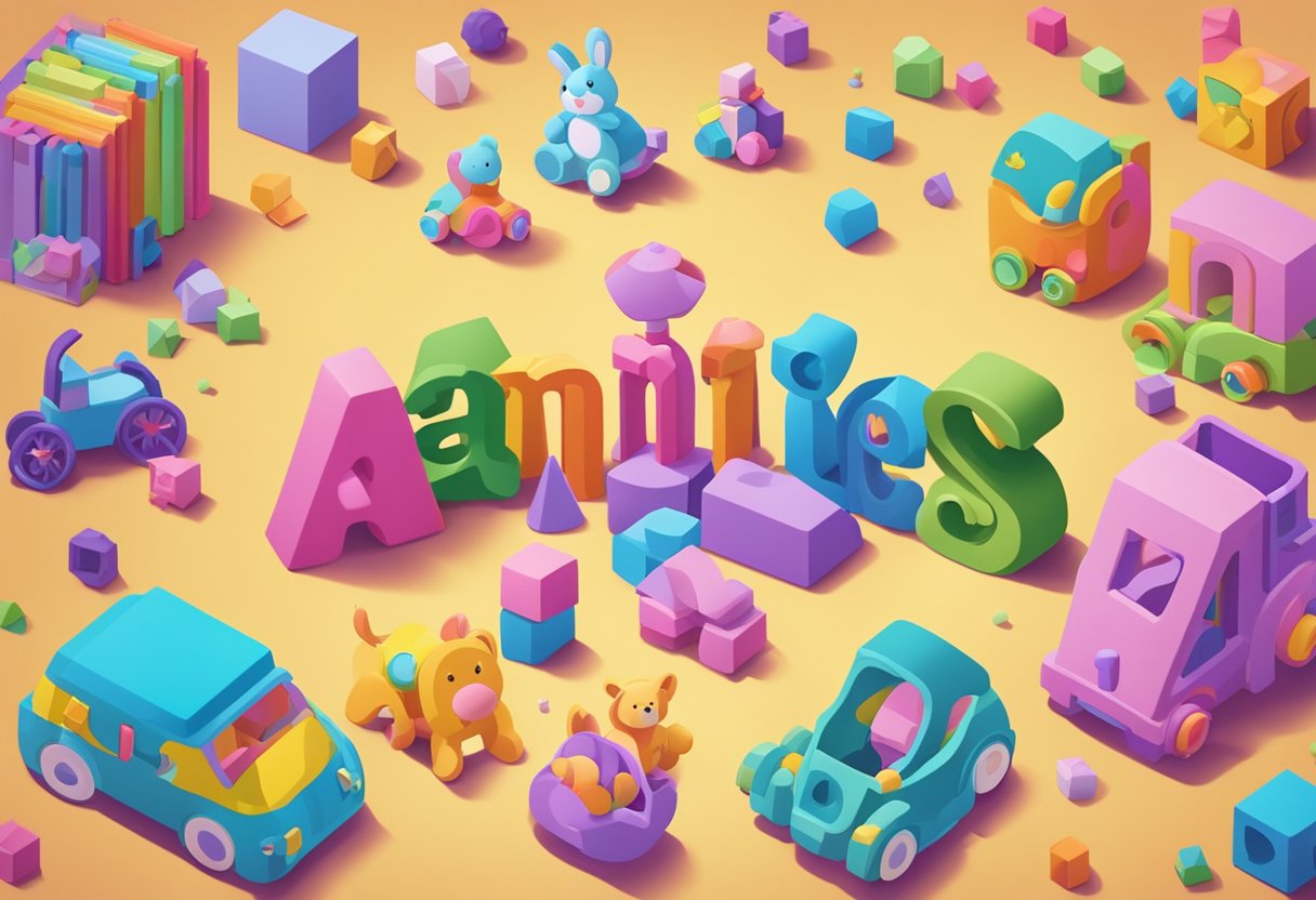 Annie's name written in colorful block letters surrounded by toys and baby items