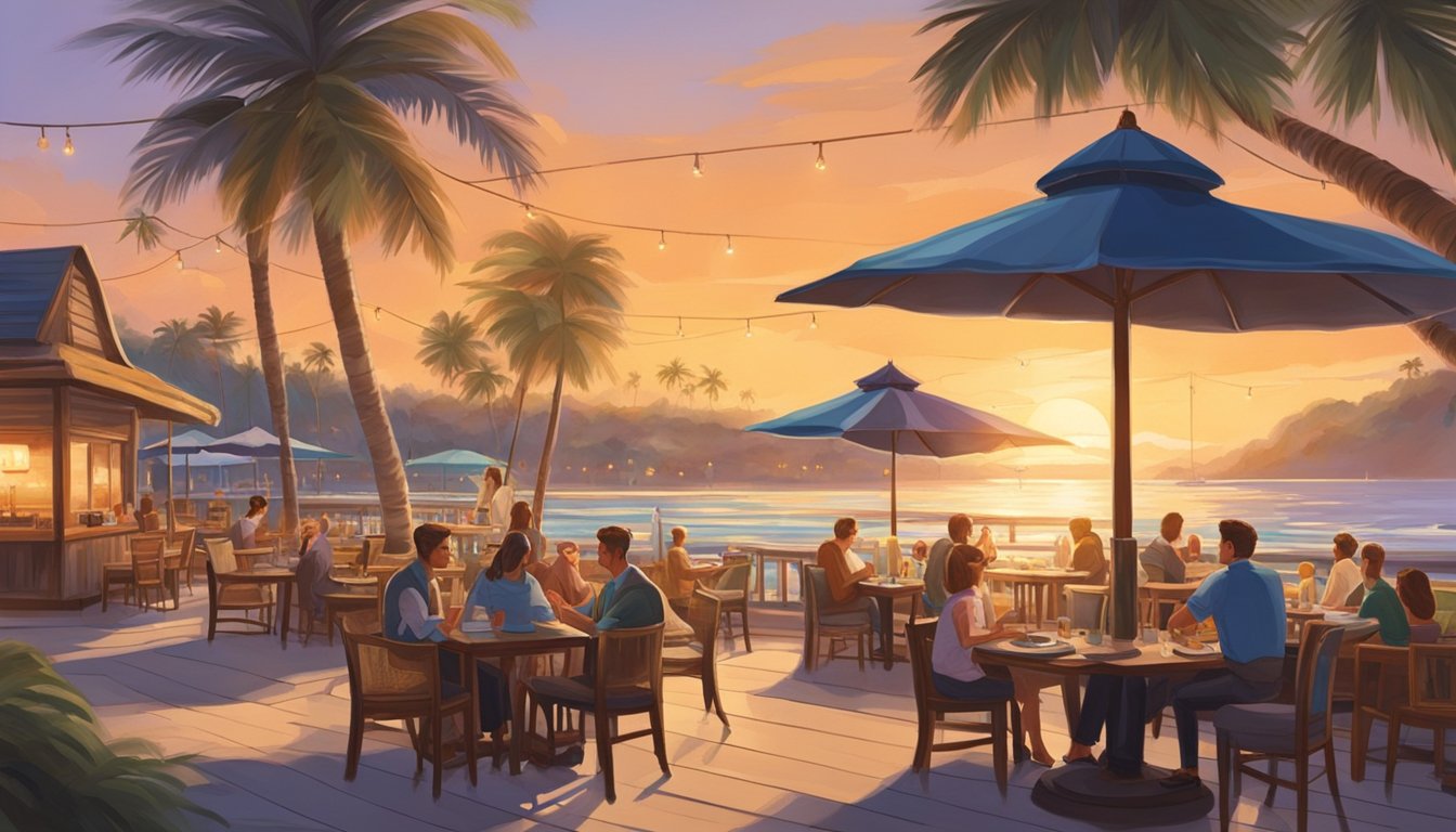 The sun sets over a serene bay, casting a warm glow on the rustic restaurant nestled among palm trees and colorful umbrellas. Waves gently lap against the shore as diners enjoy their meals al fresco