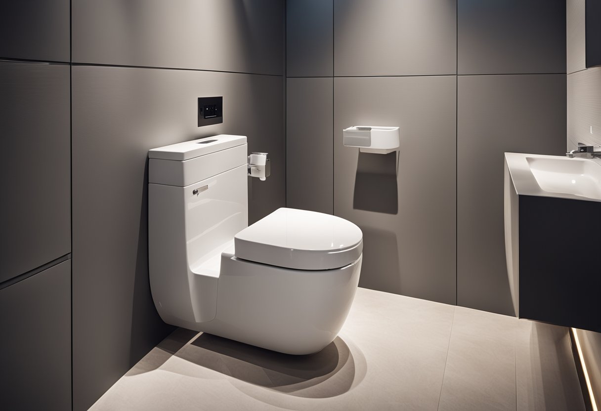 A sleek, modern toilet with a minimalist design, featuring a wall-mounted tank and a sleek, ergonomic seat. The bathroom is spacious, with soft lighting and luxurious finishes