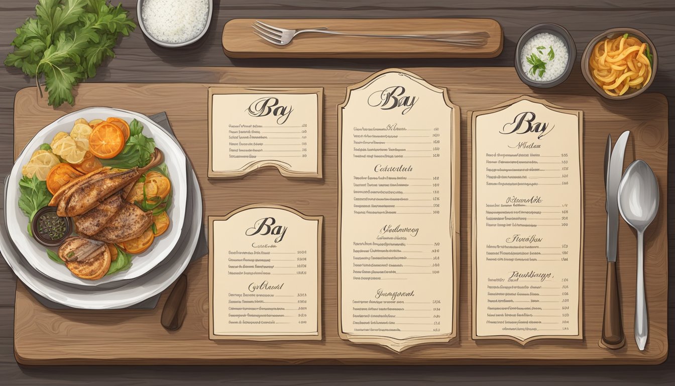 The menu and specialties of The Bay Restaurant are displayed on a wooden board with elegant calligraphy and decorative accents