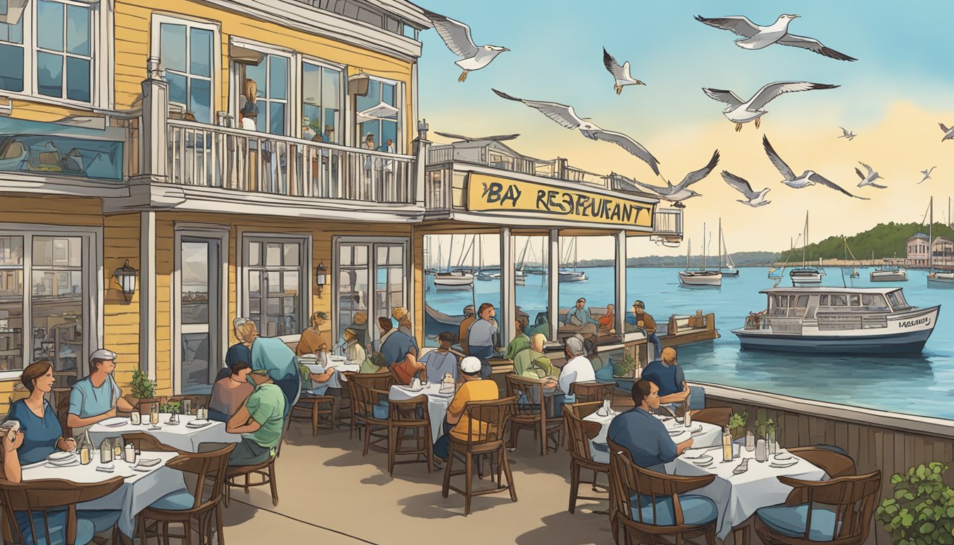 A bustling waterfront restaurant with outdoor seating, surrounded by boats and seagulls, with a sign reading "Frequently Asked Questions the bay restaurant" prominently displayed