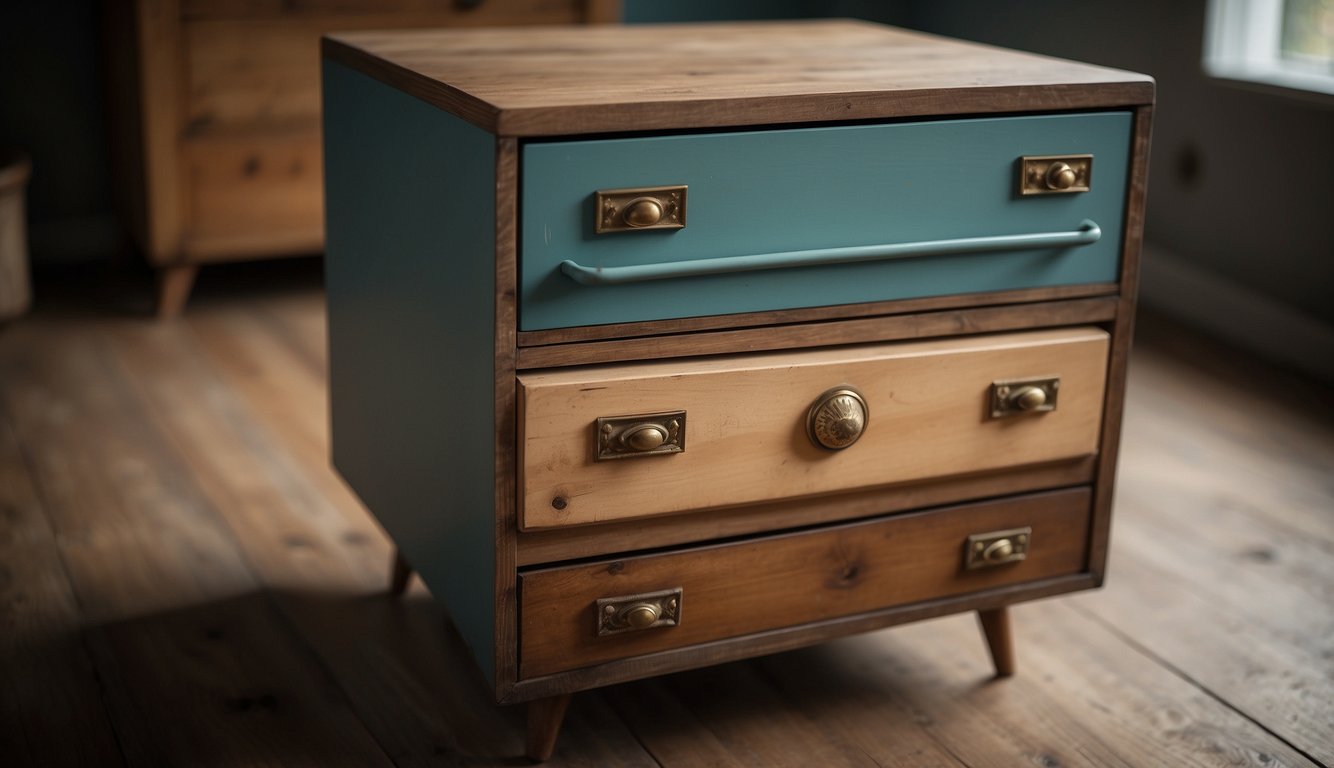 Old drawers stacked, sanded, and repainted. New knobs added. Repurposed as a stylish side table or storage unit