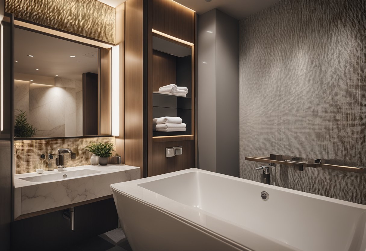 A luxurious hotel bathroom with sleek marble countertops, a deep soaking tub, and a modern toilet with a unique design
