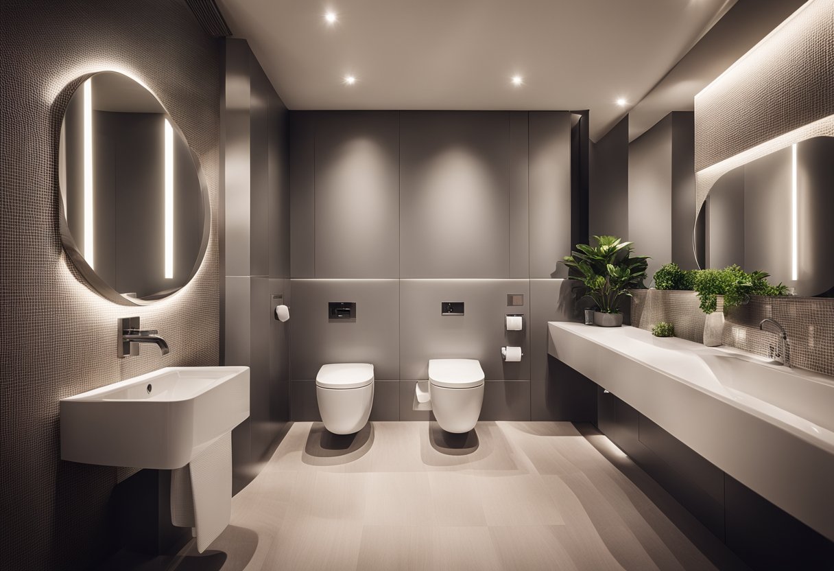 A modern hotel toilet with sleek, minimalist design and high-tech features. Clean lines, soft lighting, and luxurious materials create a serene and inviting atmosphere