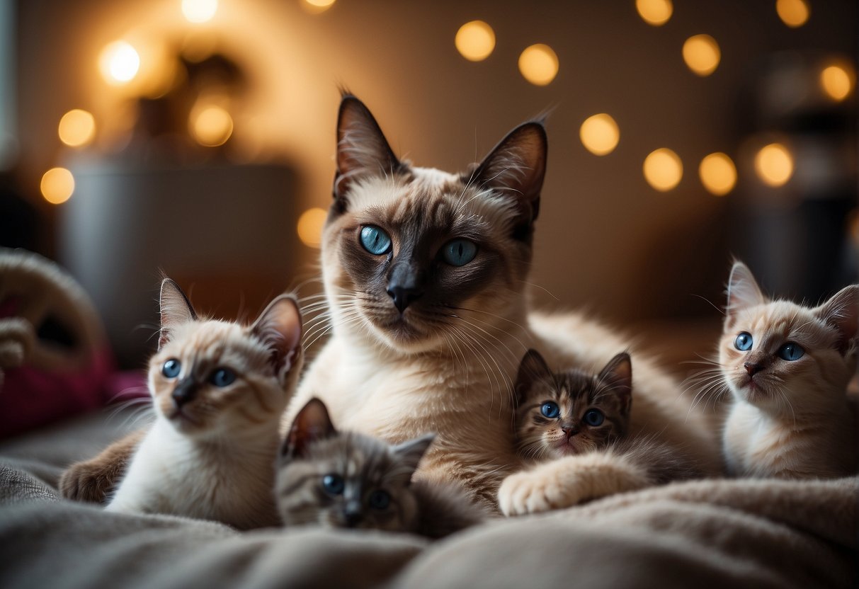 A Siamese cat mother nurses her litter of 4 kittens in a cozy, sunlit room, surrounded by colorful toys and a comfortable bed