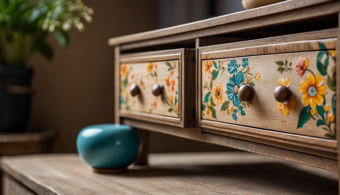 Old drawers are sanded and painted in vibrant colors. Decorative knobs and stenciled designs add a creative touch. A plant or vase of flowers sits on top